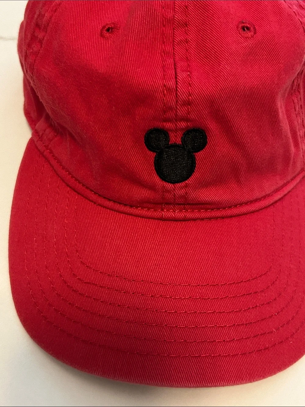Vintage Disney Red Cotton Baseball Cap with Black Mickey Silhouette